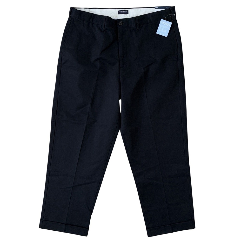 NEW Lands' End Men's Traditional Fit Pants Black 38x28 No Iron Flat Front Twill